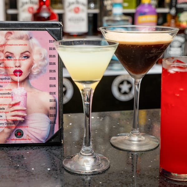 Hollywood Diner drink menu with a Marilyn Monroe image and three cocktails on a bar.