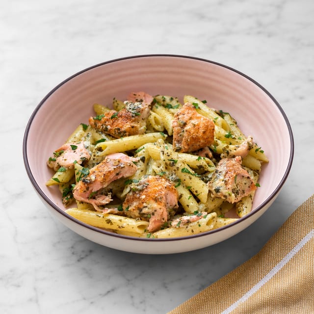 Salmon Con Il Pesto Over Pasta.